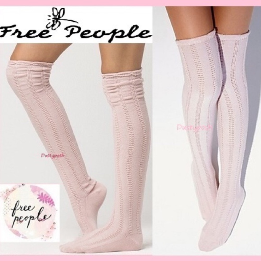 Free People Over Knee Socks Thigh High Pointelle Long Boot Skirt Pink Beige OTK